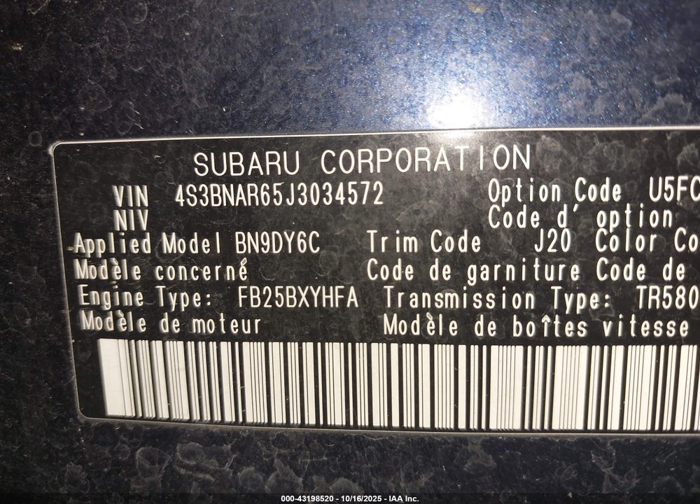 2018 SUBARU LEGACY 2.5I SPORT VIN: 4S3BNAR65J3034572
