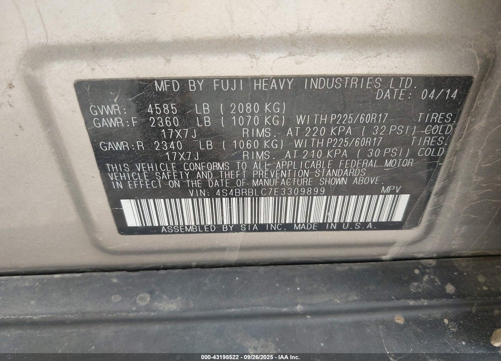 2014 SUBARU OUTBACK VIN: 4S4BRBLC7E3309899