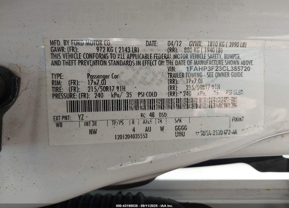 2012 FORD FOCUS VIN: 1FAHP3F23CL385720