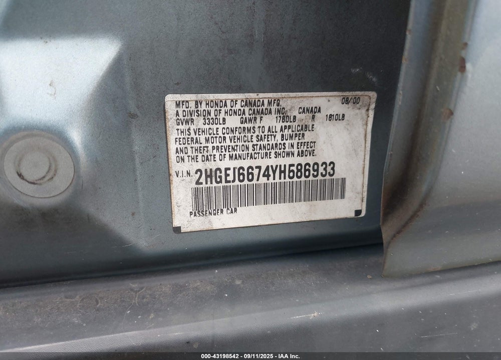 2000 HONDA CIVIC LX VIN: 2HGEJ6674YH586933