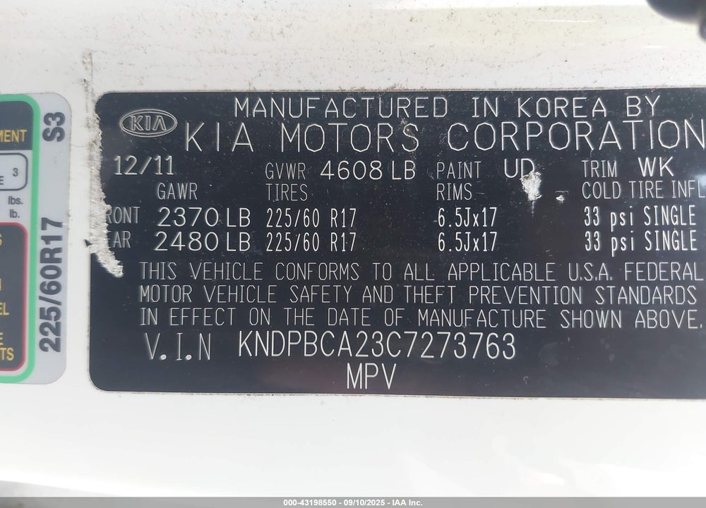 2012 KIA SPORTAGE VIN: KNDPBCA23C7273763