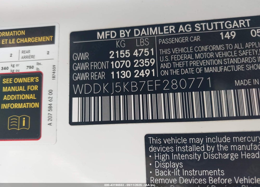 2014 MERCEDES-BENZ E-CLASS VIN: WDDKJ5KB7EF280771