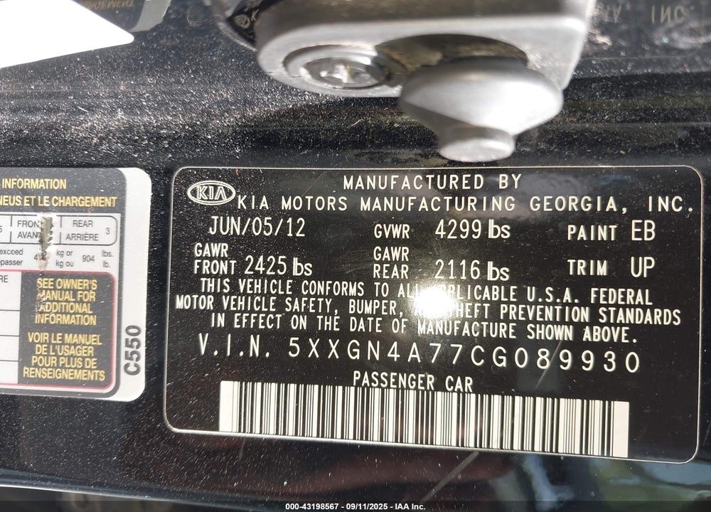 2012 KIA OPTIMA VIN: 5XXGN4A77CG089930