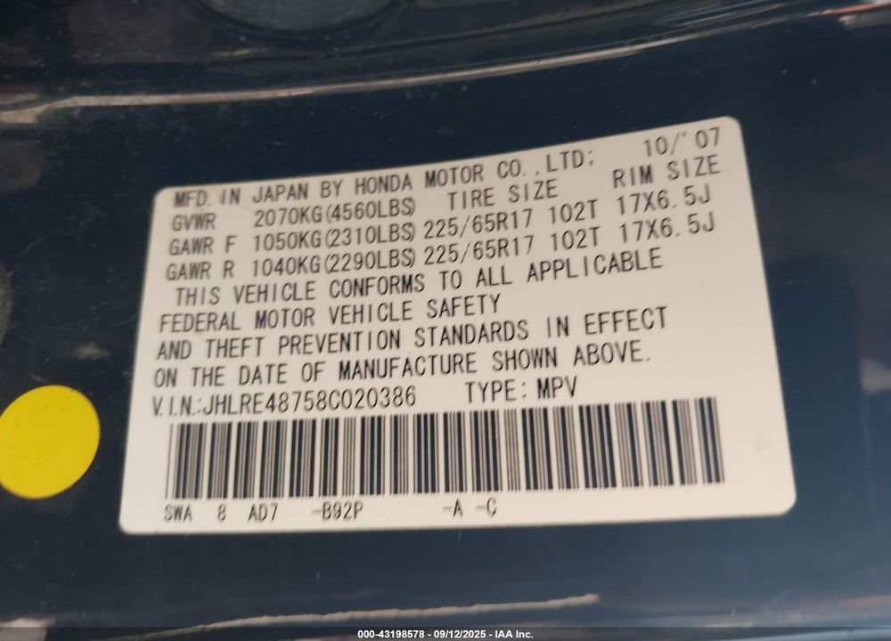 2008 HONDA CR-V VIN: JHLRE48758C020386