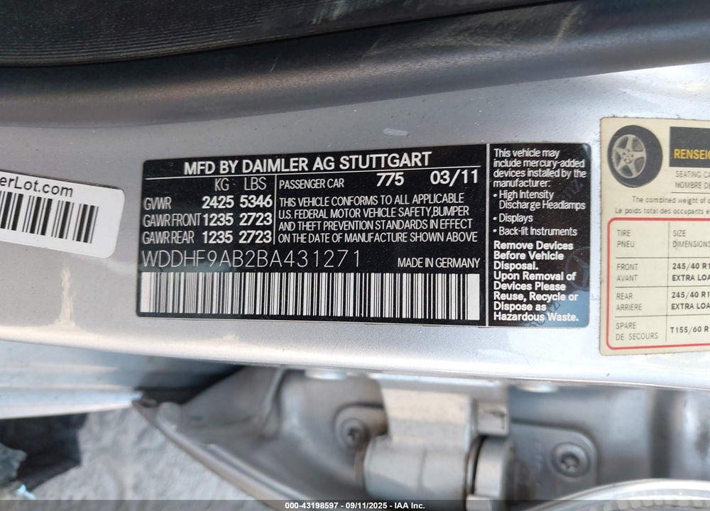 2011 MERCEDES-BENZ E-CLASS VIN: WDDHF9AB2BA431271