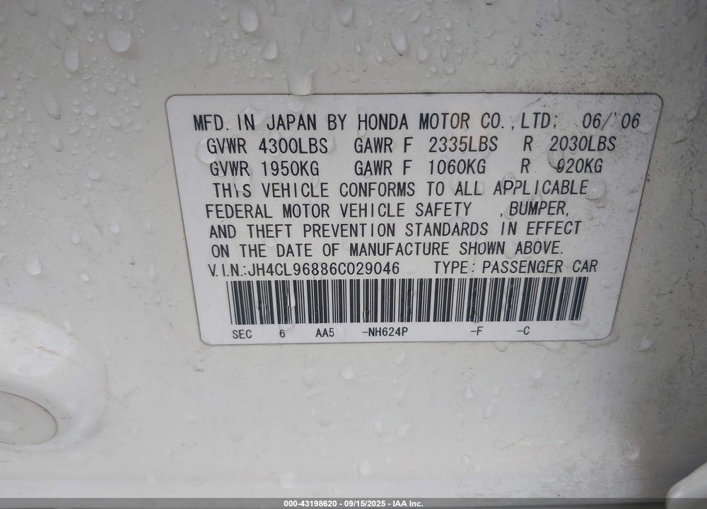 2006 ACURA TSX VIN: JH4CL96886C029046