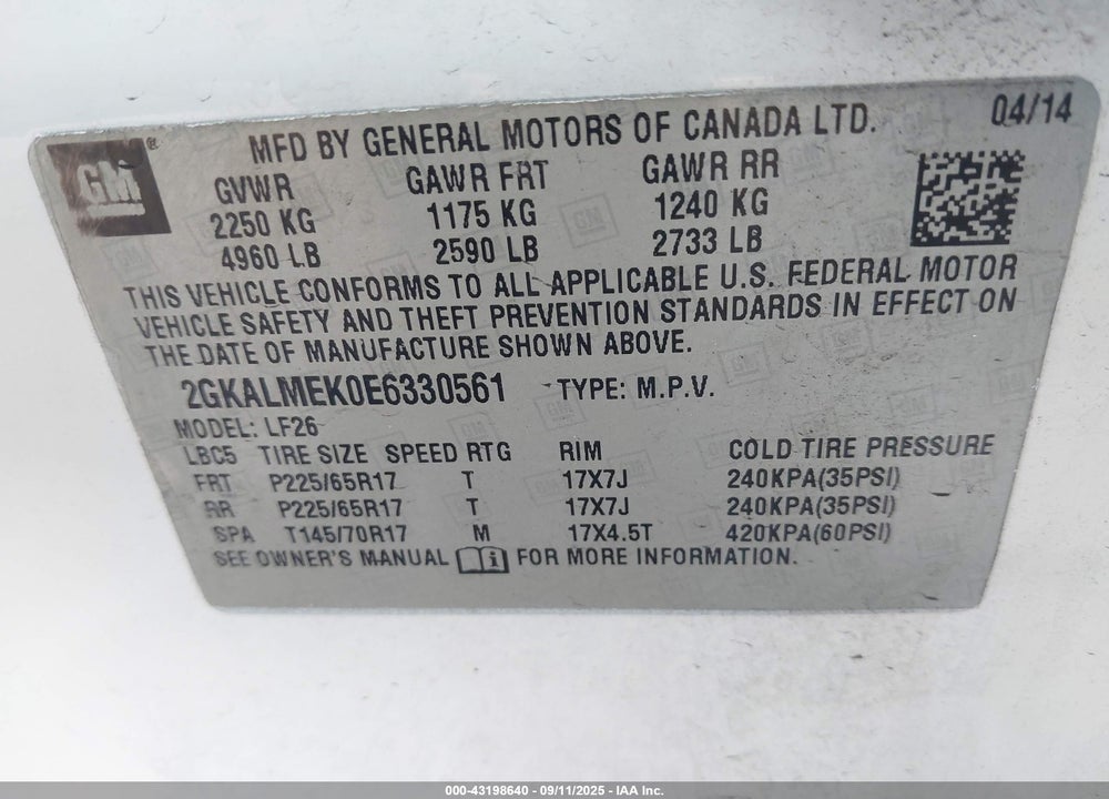 2014 GMC TERRAIN VIN: 2GKALMEK0E6330561