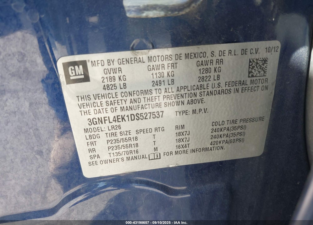 2013 CHEVROLET CAPTIVA SPORT VIN: 3GNFL4EK1DS527537