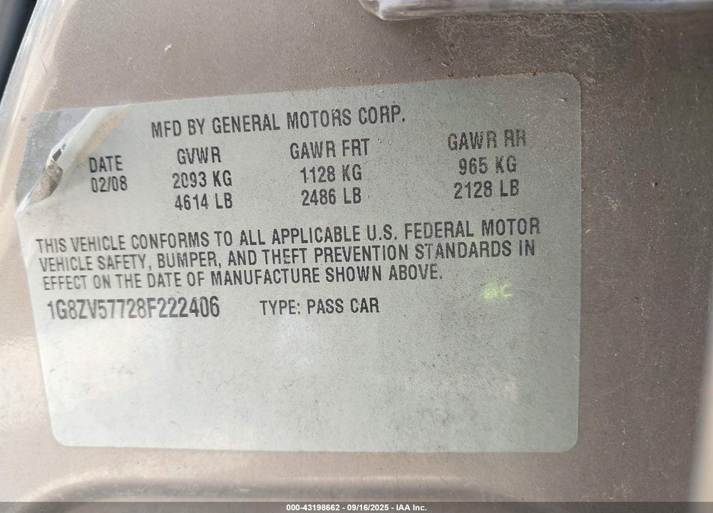 2008 SATURN AURA XR VIN: 1G8ZV57728F222406