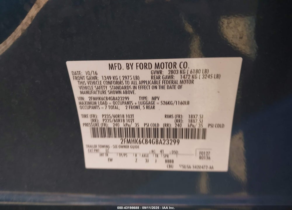 2016 FORD FLEX VIN: 2FMHK6C84GBA23299