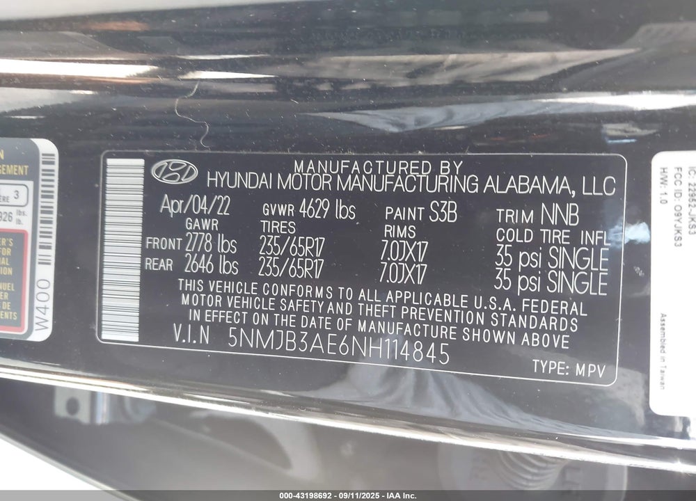 2022 HYUNDAI TUCSON VIN: 5NMJB3AE6NH114845