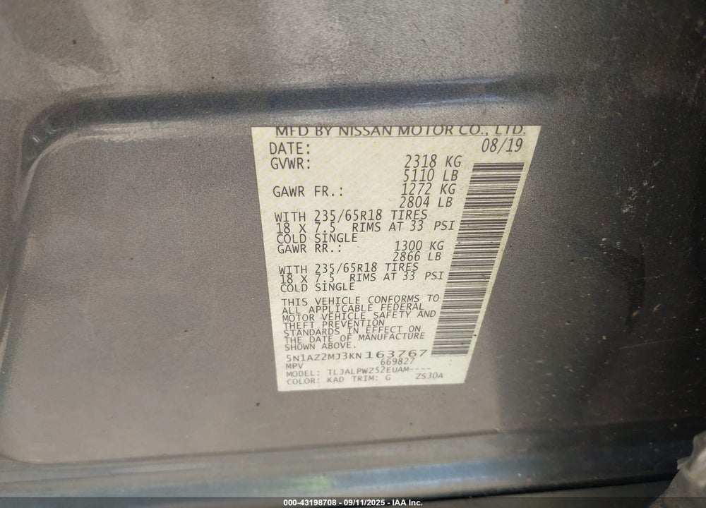 2019 NISSAN MURANO VIN: 5N1AZ2MJ3KN163767