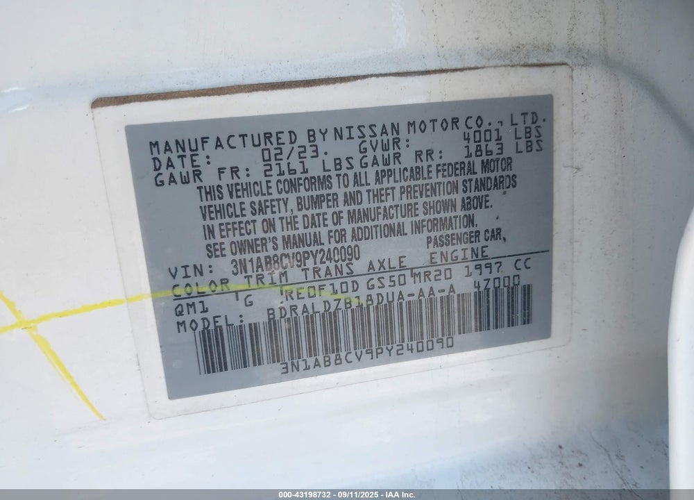2023 NISSAN SENTRA VIN: 3N1AB8CV9PY240090