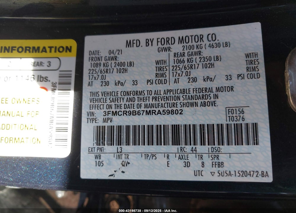 2021 FORD BRONCO SPORT VIN: 3FMCR9B67MRA59802