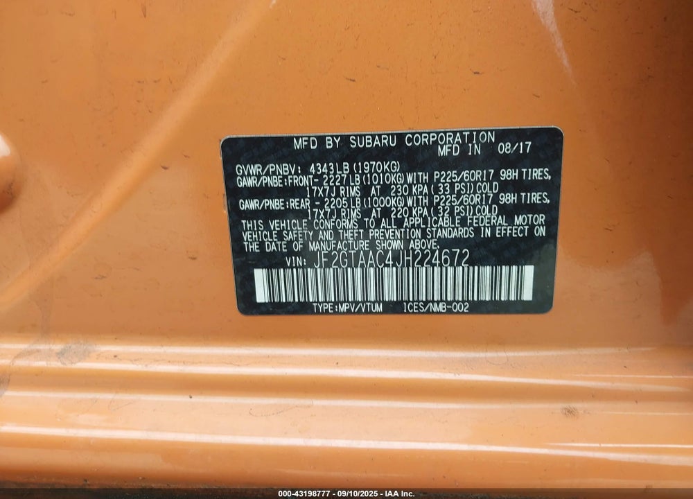 2018 SUBARU CROSSTREK VIN: JF2GTAAC4JH224672