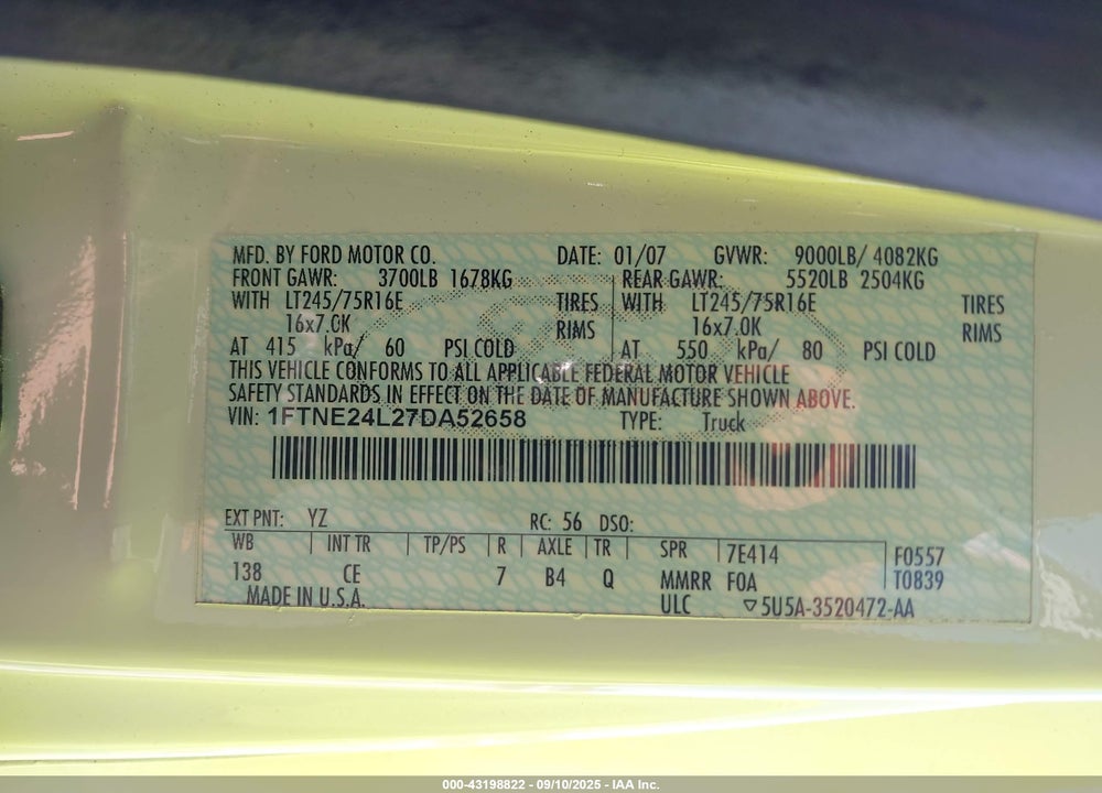 2007 FORD E-250 COMMERCIAL/RECREATIONAL VIN: 1FTNE24L27DA52658