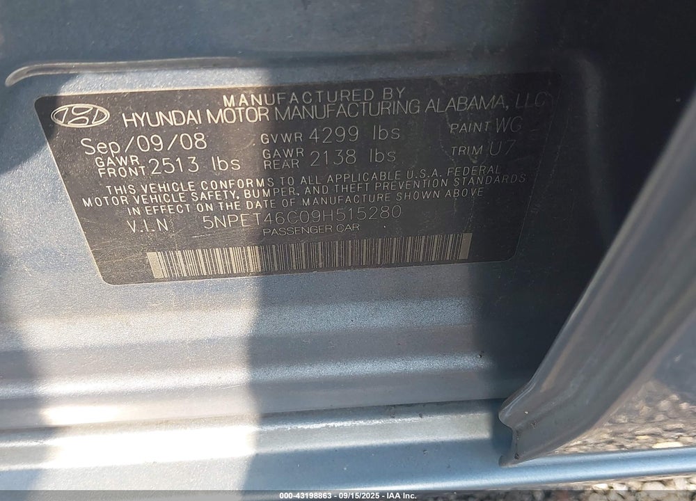 2009 HYUNDAI SONATA VIN: 5NPET46C09H515280