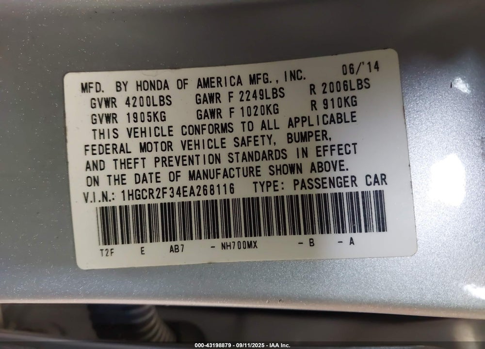 2014 HONDA ACCORD VIN: 1HGCR2F34EA268116