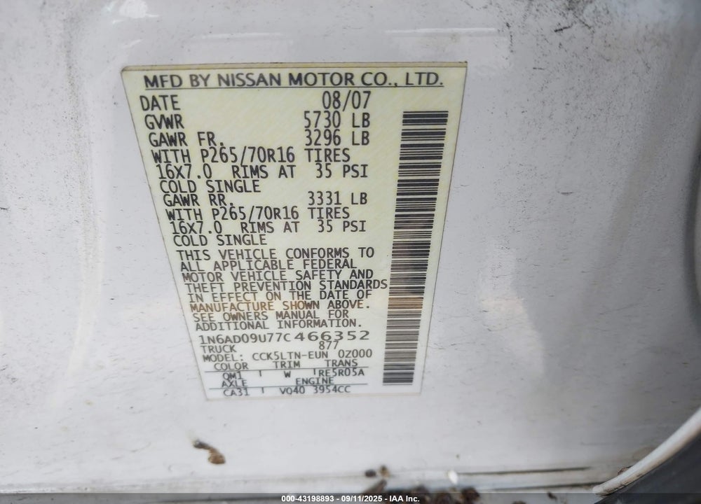2007 NISSAN FRONTIER SE VIN: 1N6AD09U77C466352
