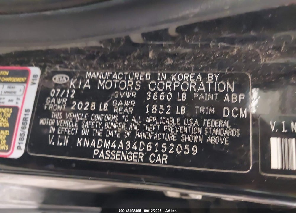 2013 KIA RIO VIN: KNADM4A34D6152059