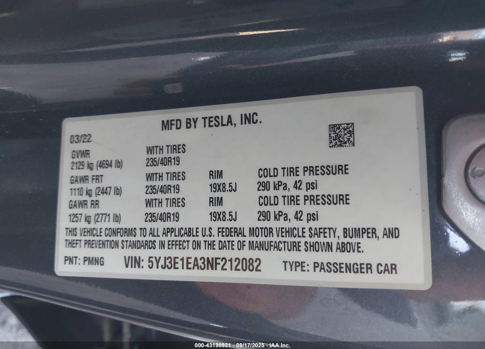 2022 TESLA MODEL 3 VIN: 5YJ3E1EA3NF212082
