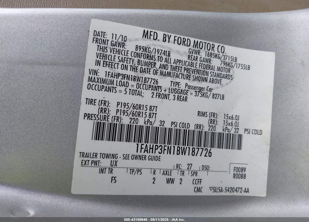 2011 FORD FOCUS VIN: 1FAHP3FN1BW187726