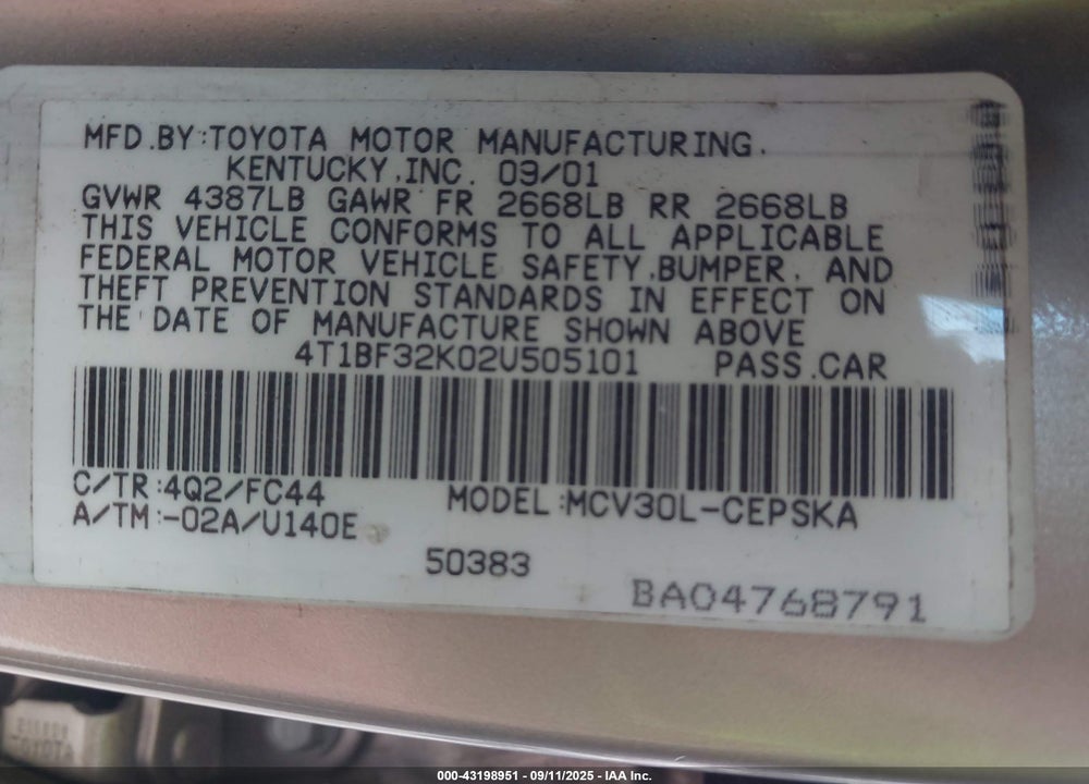 2002 TOYOTA CAMRY SE V6 VIN: 4T1BF32K02U505101