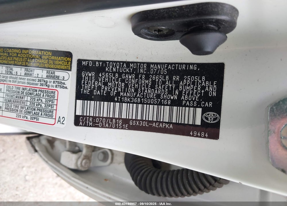 2005 TOYOTA AVALON LIMITED VIN: 4T1BK36B15U057168