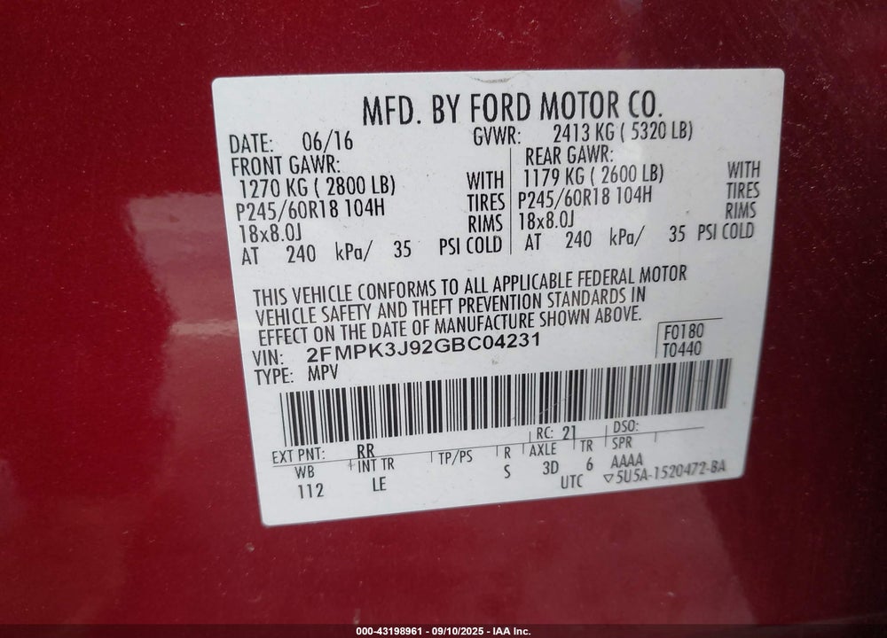 2016 FORD EDGE VIN: 2FMPK3J92GBC04231
