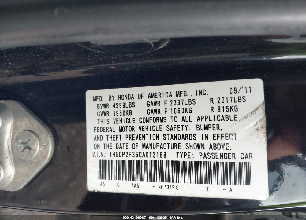 2012 HONDA ACCORD VIN: 1HGCP2F35CA013168