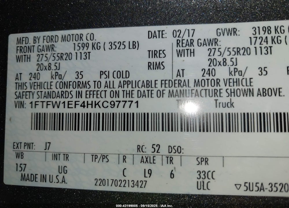 2017 FORD F-150 VIN: 1FTFW1EF4HKC97771