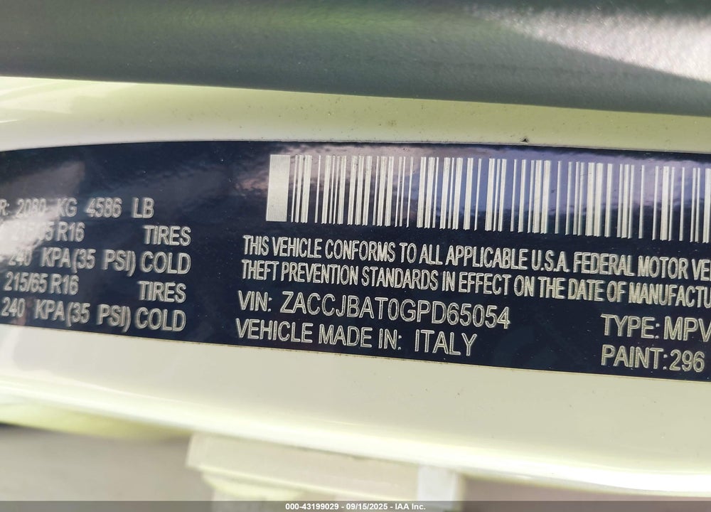 2016 JEEP RENEGADE VIN: ZACCJBAT0GPD65054