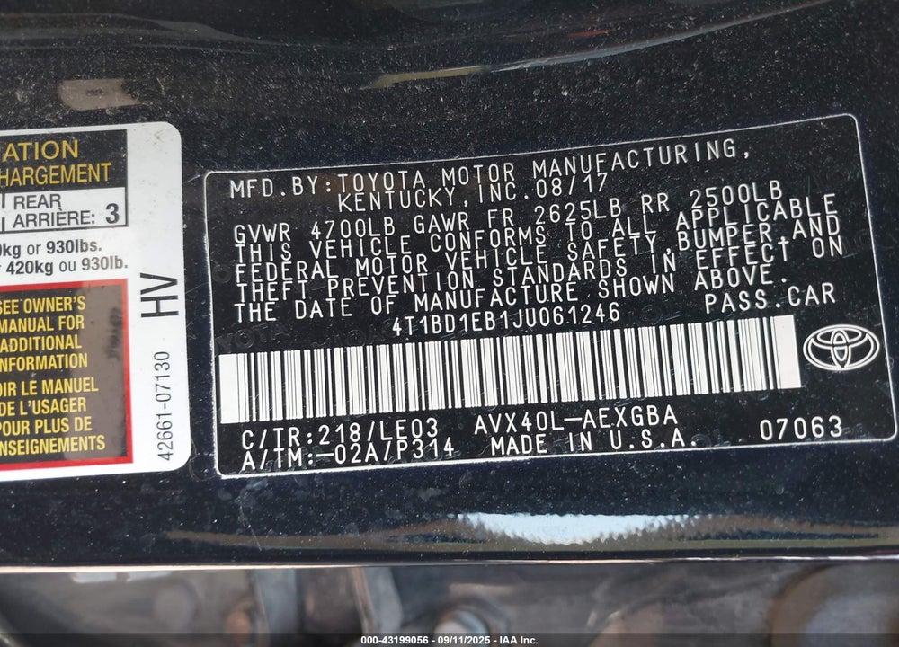 2018 TOYOTA AVALON HYBRID VIN: 4T1BD1EB1JU061246