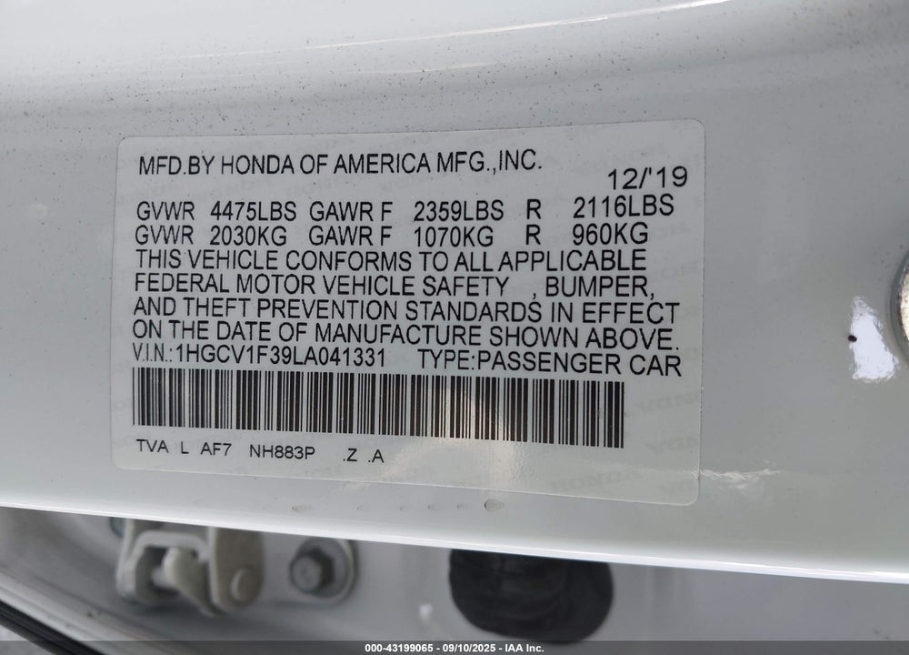 2020 HONDA ACCORD VIN: 1HGCV1F39LA041331
