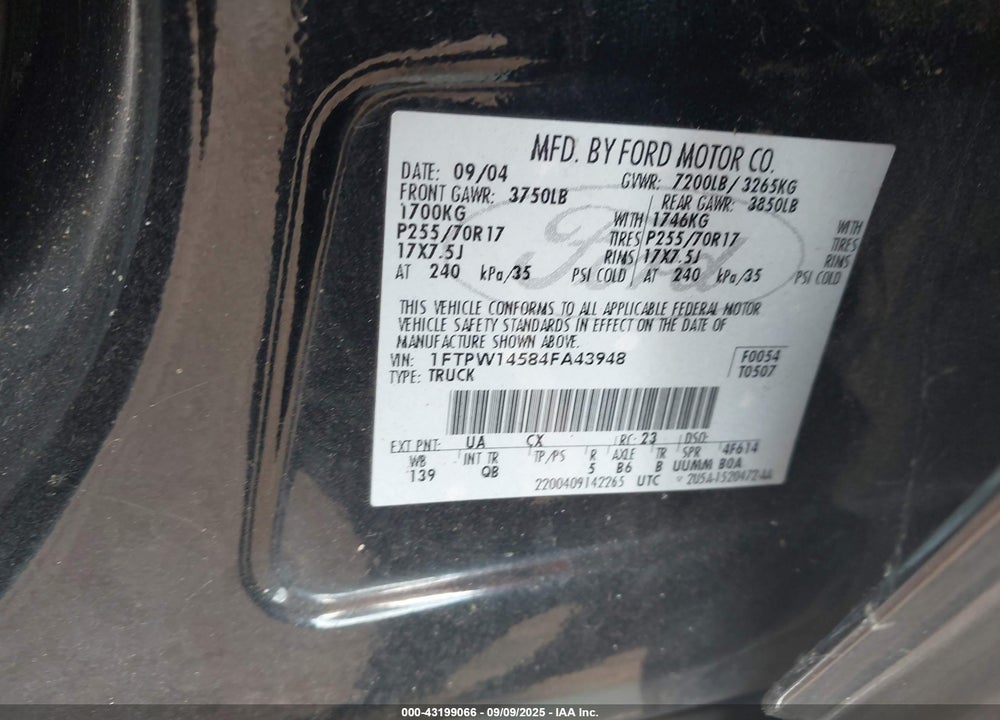 2004 FORD F-150 FX4/LARIAT/XLT VIN: 1FTPW14584FA43948