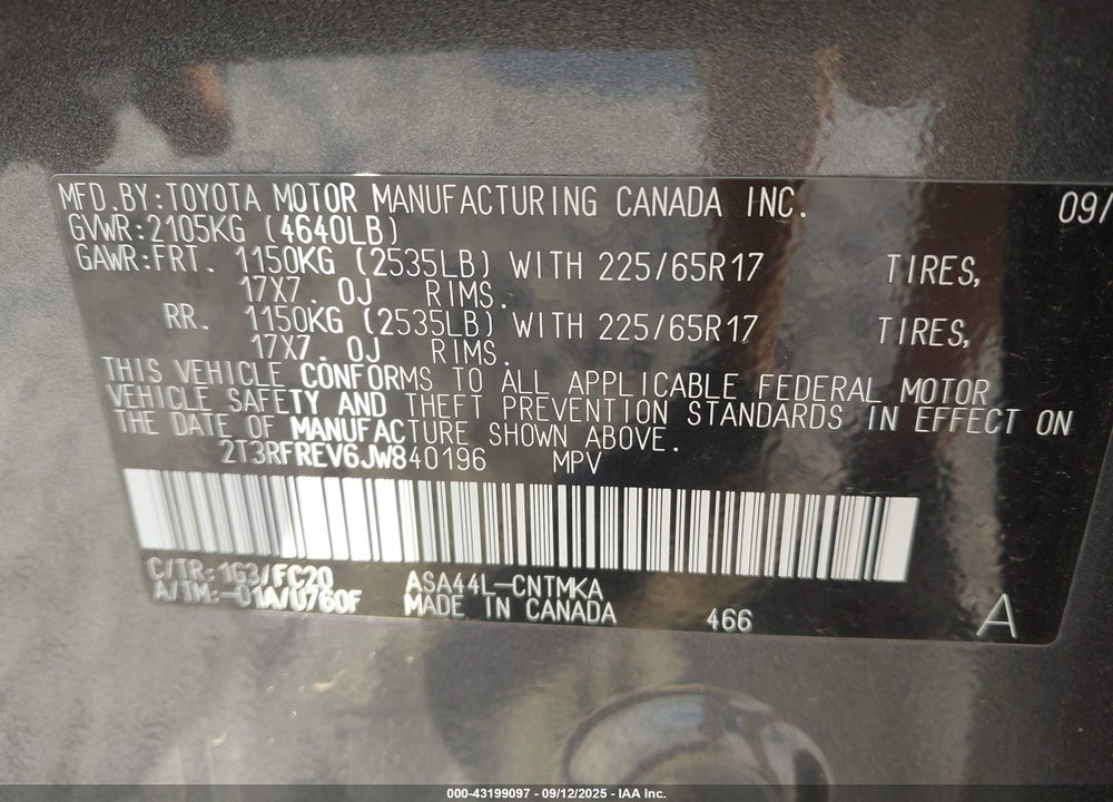 2018 TOYOTA RAV4 XLE VIN: 2T3RFREV6JW840196