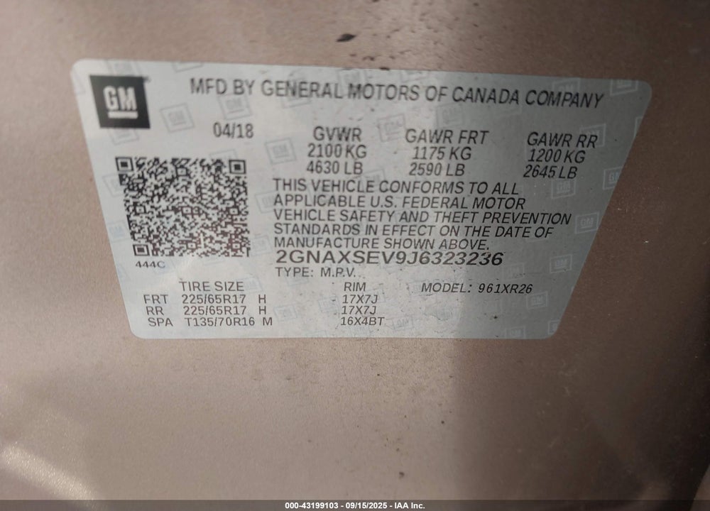 2018 CHEVROLET EQUINOX VIN: 2GNAXSEV9J6323236