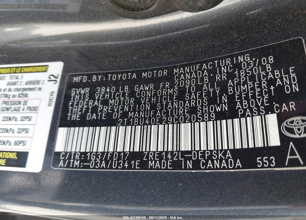 2009 TOYOTA COROLLA VIN: 2T1BU40E29C020589