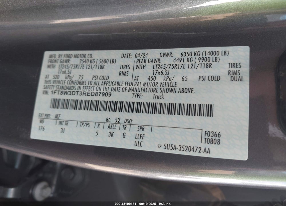 2024 FORD F 350 VIN: 1FT8W3DT3RED87909