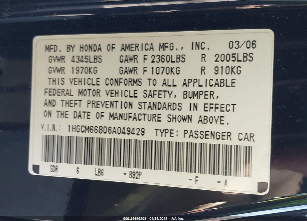 2006 HONDA ACCORD 3.0 EX VIN: 1HGCM66806A049429