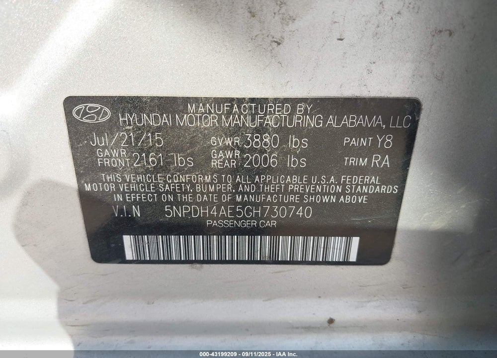 2016 HYUNDAI ELANTRA SE VIN: 5NPDH4AE5GH730740