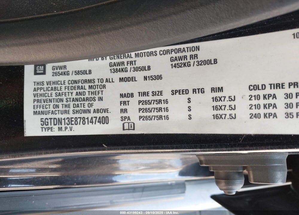 2007 HUMMER H3 SUV VIN: 5GTDN13E878147400