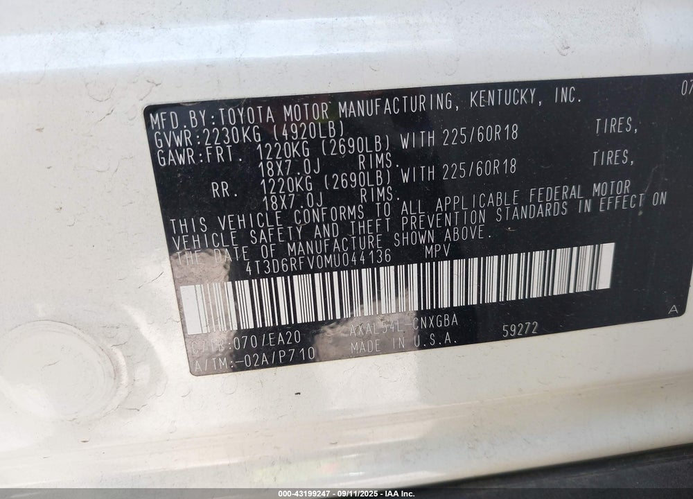2021 TOYOTA RAV4 HYBRID VIN: 4T3D6RFV0MU044136