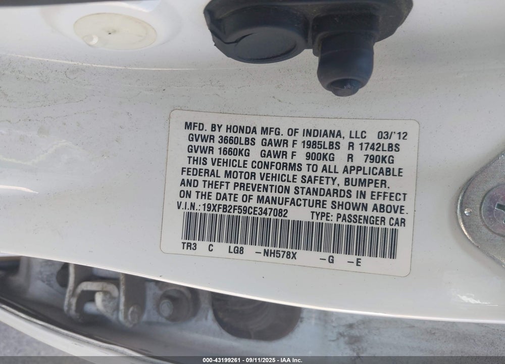 2012 HONDA CIVIC LX VIN: 19XFB2F59CE347082