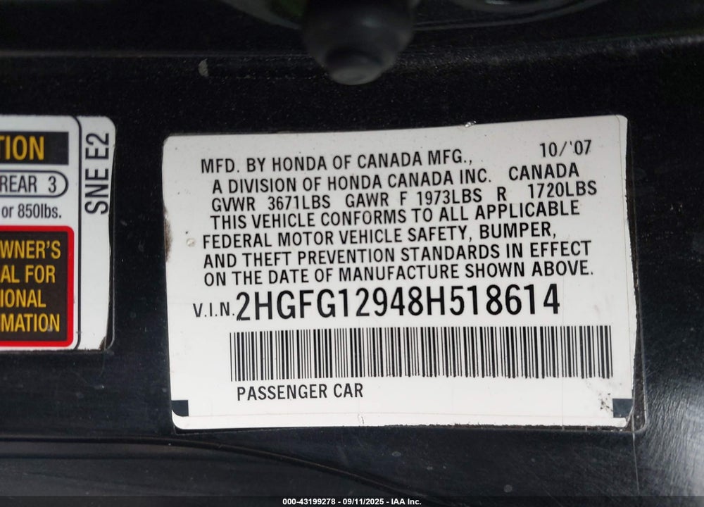 2008 HONDA CIVIC EX-L VIN: 2HGFG12948H518614