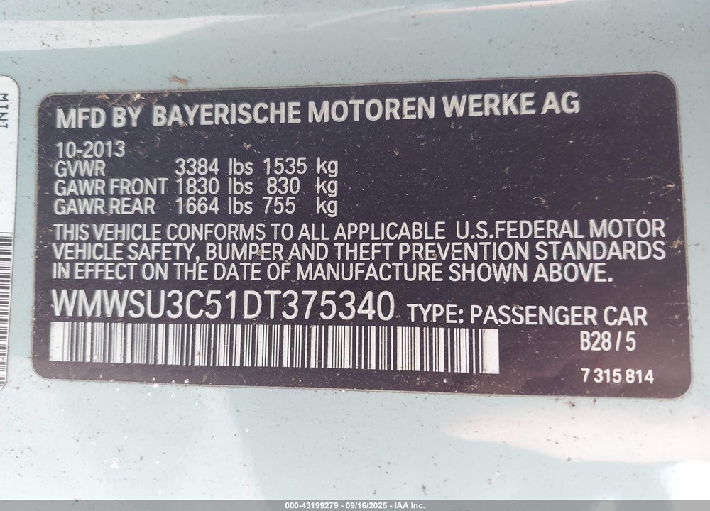 2013 MINI HARDTOP COOPER VIN: WMWSU3C51DT375340