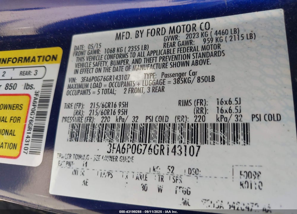 2016 FORD FUSION VIN: 3FA6P0G76GR143107