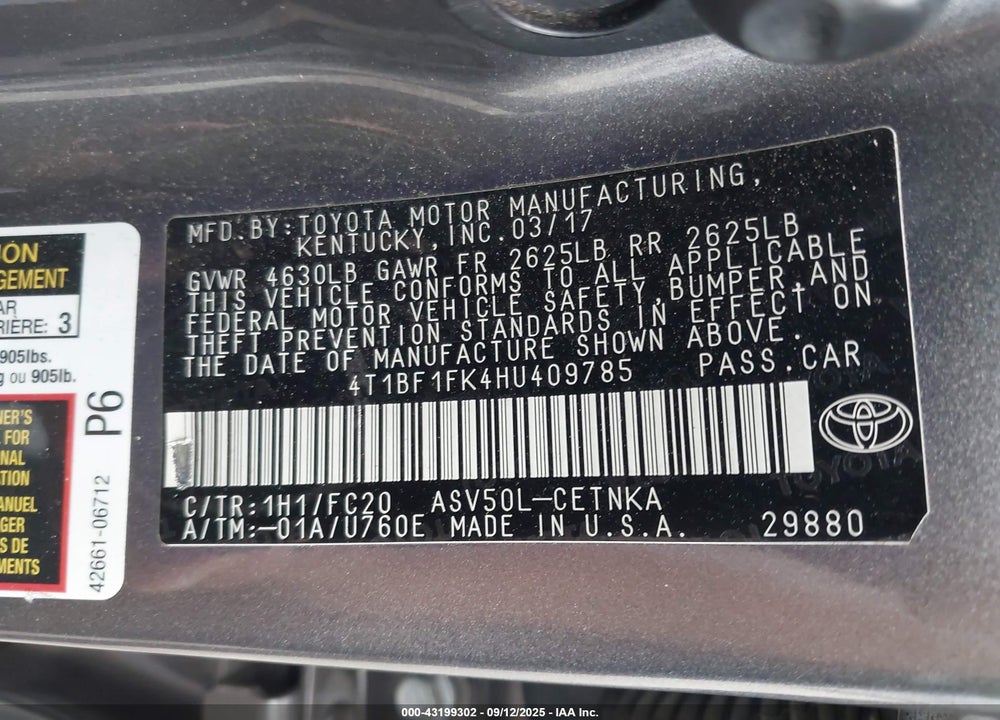 2017 TOYOTA CAMRY VIN: 4T1BF1FK4HU409785