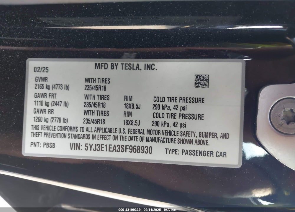 2025 TESLA MODEL 3 VIN: 5YJ3E1EA3SF968930