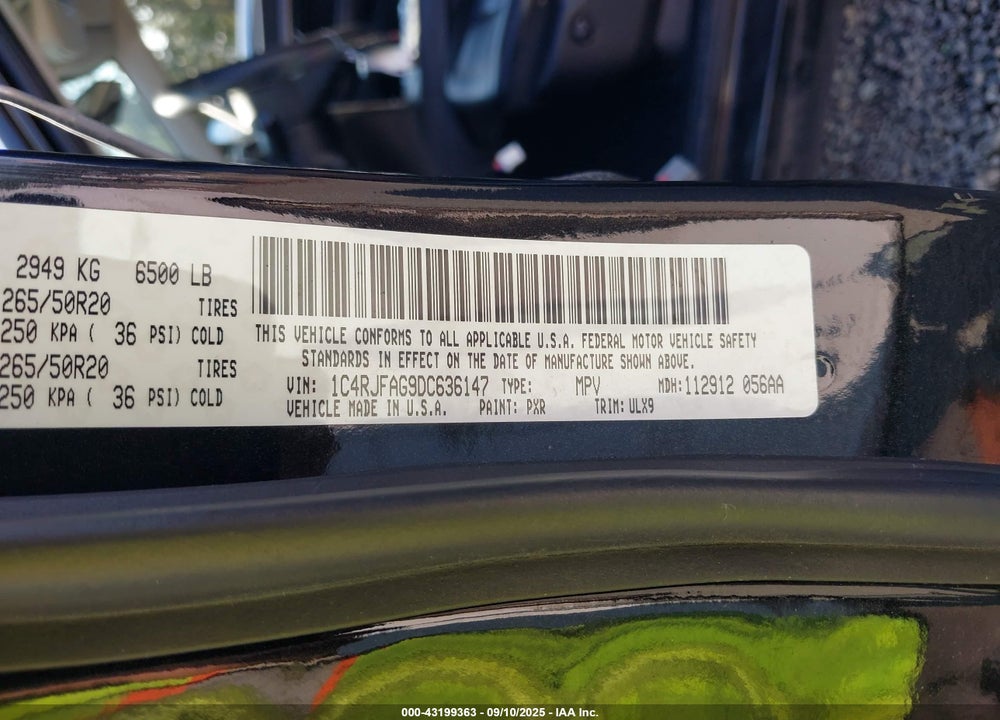 2013 JEEP GRAND CHEROKEE VIN: 1C4RJFAG9DC636147